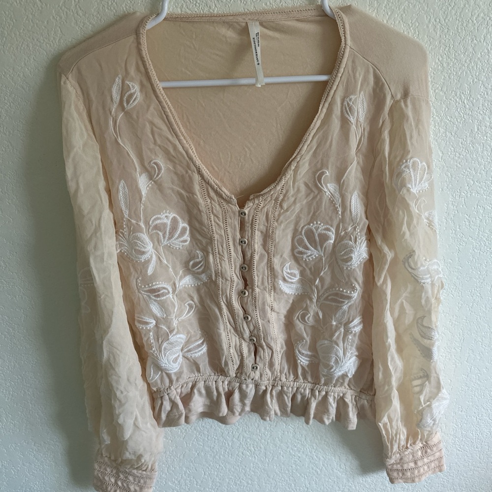 Anthropologie Cream Ruffled Long Sleeve Blouse